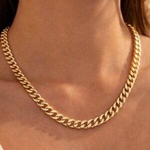 Gold Tone Chunky Curb Chain Necklace 16 Inch Flat Link Statement Choker